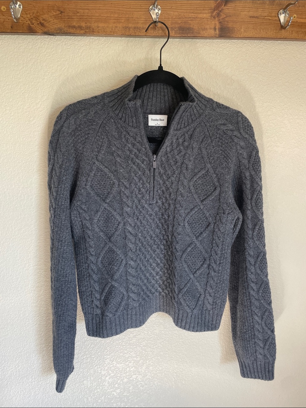 Aritzia Sunday Best Wool Blend Fisherman Gray Cable-Knit Half-Zip Sweater S